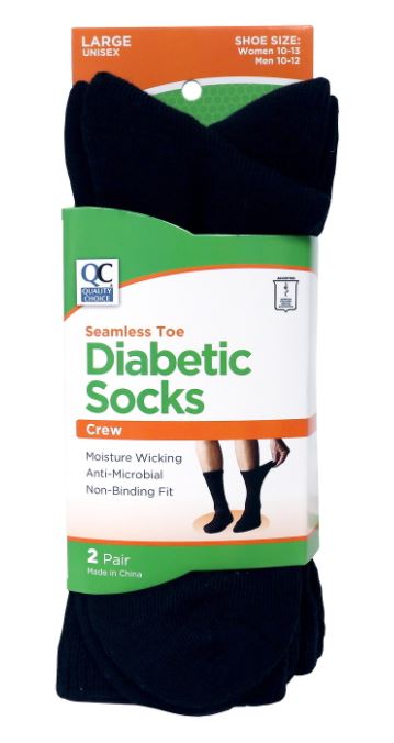 QC DIABETIC SOCKS BLACK CREW LG 2 PR