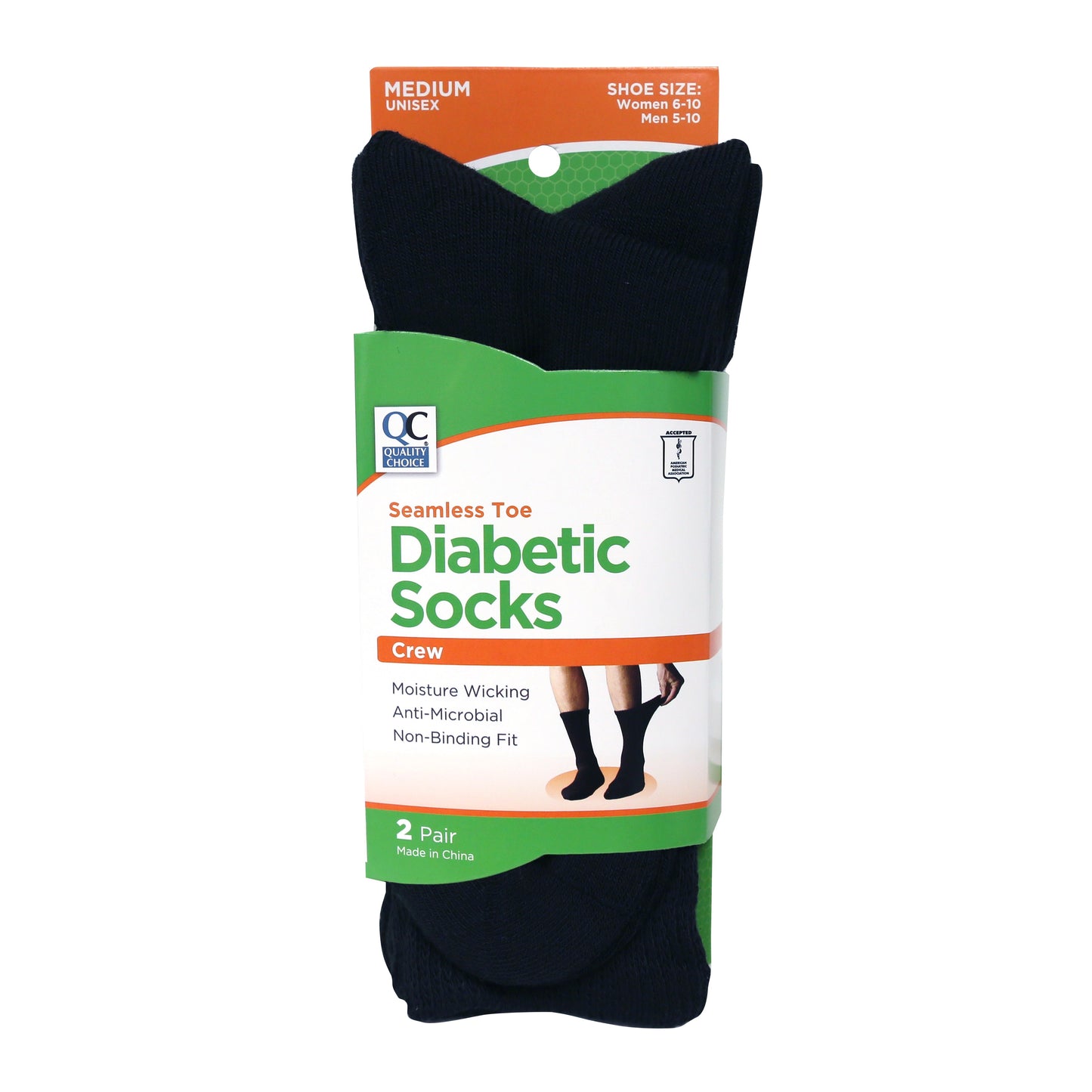 QC DIABETIC SOCKS BLACK CREW MEDIUM 2 PR