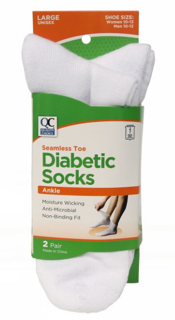 QC DIABETIC SOCKS WHITE ANKLE LARGE 2 PR