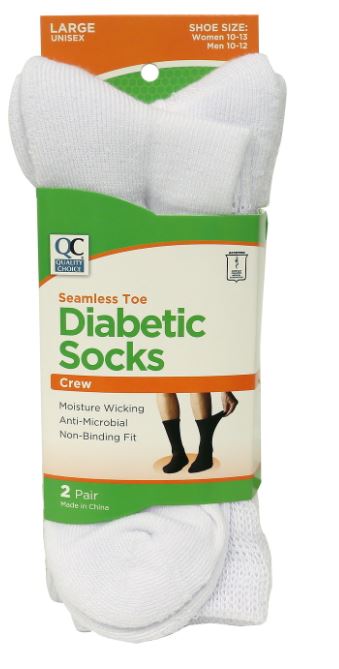 QC DIABETIC SOCKS WHITE CREW LARGE 2 PR