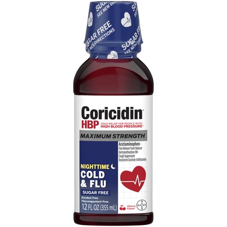 CORICIDIN HBP COLD & FLU NTIME CHERRY 12 OZ