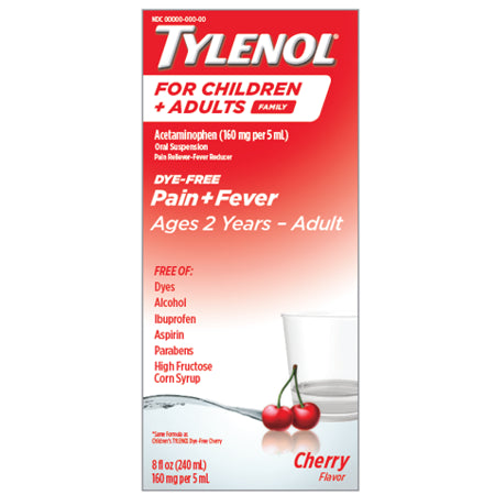TYLENOL PAIN/FEVER CHERRY DYE FR AGE 2+ 8 OZ