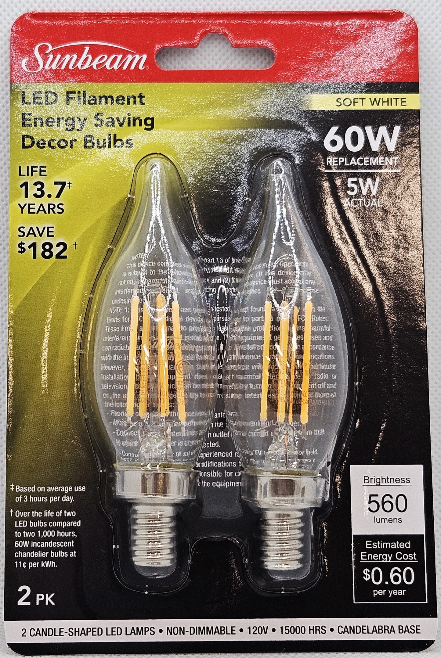 FLAME TIP CLEAR LED 60 WATT 2PK