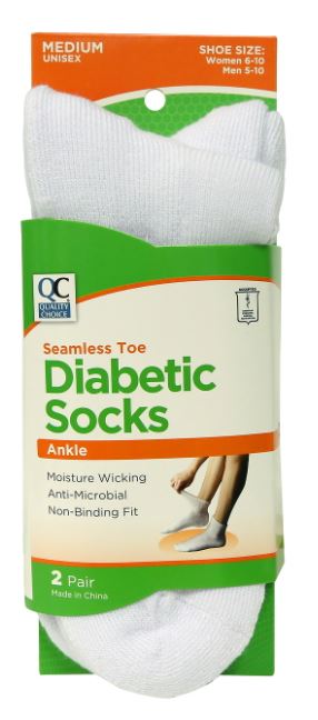 QC DIABETIC SOCKS WHITE ANKLE MEDIUM 2 PR