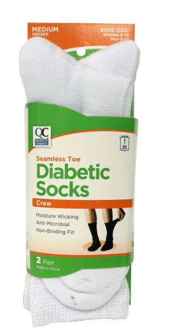 QC DIABETIC SOCKS WHITE CREW MEDIUM 2 PR