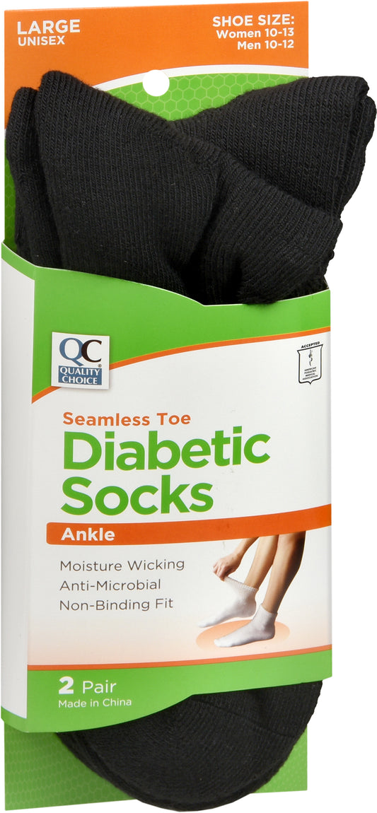 QC DIABETIC SOCKS BLACK ANKLE LARGE 2 PR
