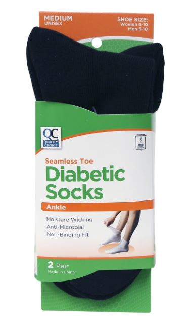 QC DIABETIC SOCKS BLACK ANKLE MEDIUM 2 PR