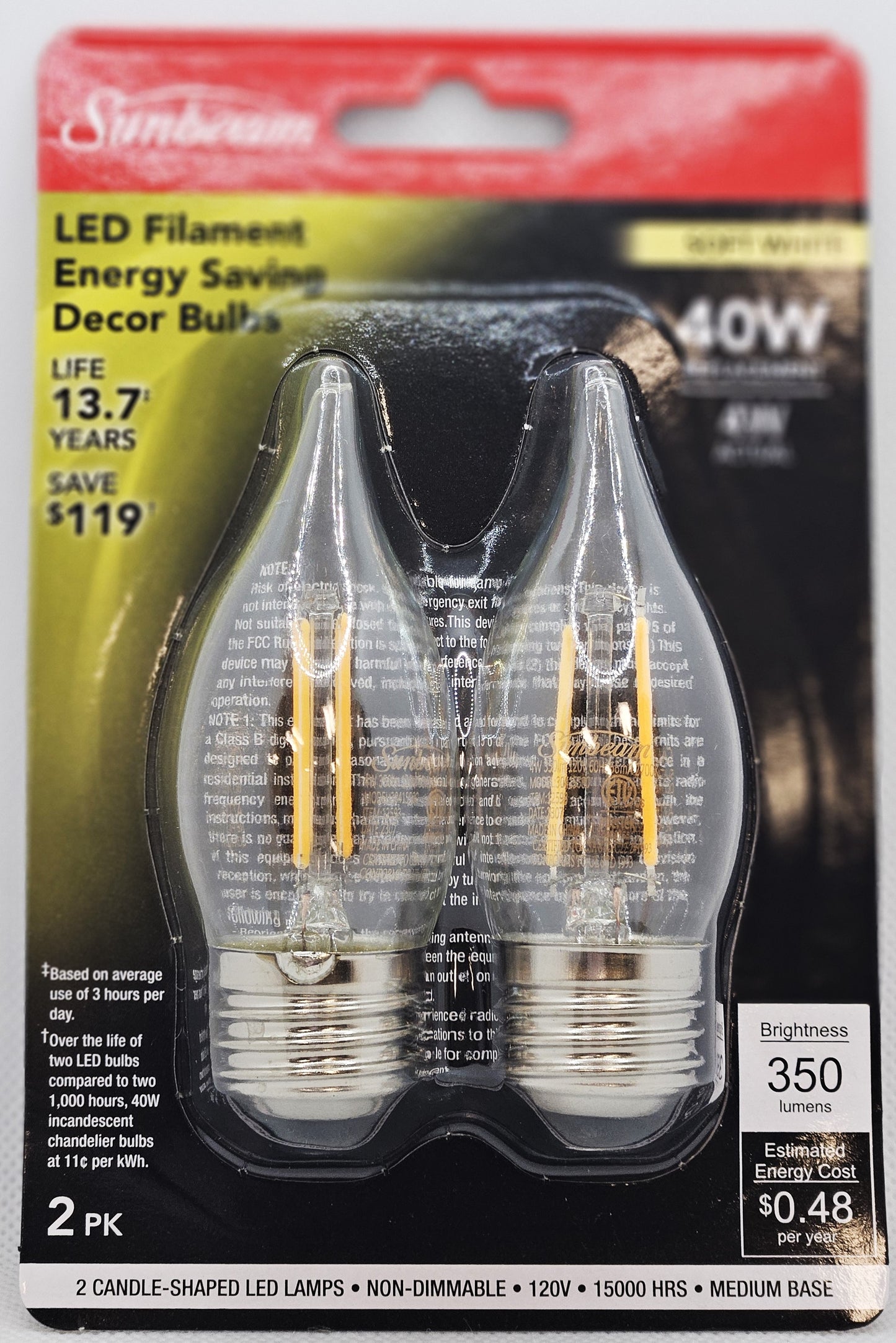 CHANDELIER BASE BULB MB FLAME LED 40 WATT 2PK