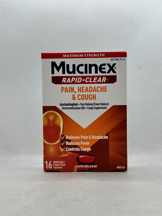 MUCINEX RAPID+CLEAR PAIN & COUGH LIQ GELS 16